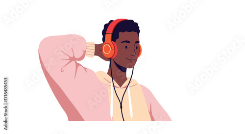 Stylized portrait of a young man enjoying music through wireless headphones