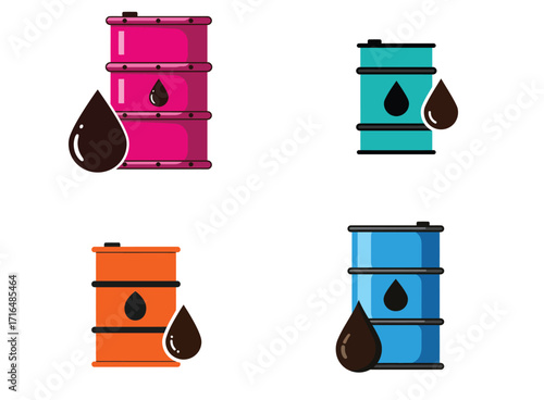 Stylized vector illustration of vibrant oil barrels with crude oil drops