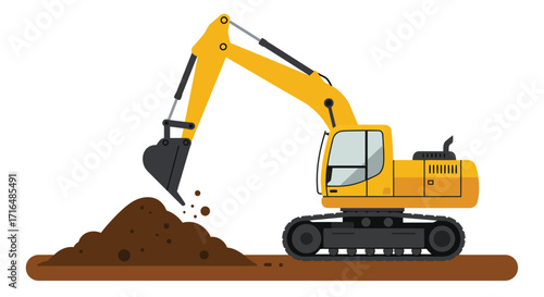 Stylized flat vector illustration of a vibrant excavator lifting soil