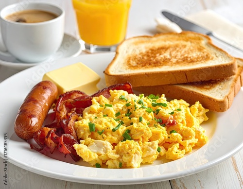 Scrumptious breakfast platter with scrambled eggs, bacon, sausage, toast, butter, and orange juice