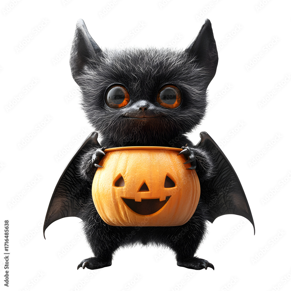 Fototapeta premium Halloween bat carrying pumpkin bucket, white isolated bg