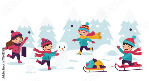 Joyful children's winter activities: Playing in the snow and making snowman