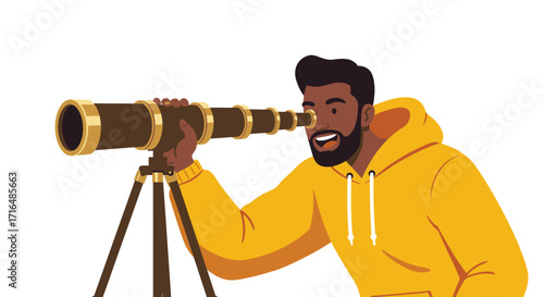 Enthusiastic character exploring future possibilities with a telescope