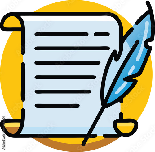Quill pen and scroll icon with inkwell writing history