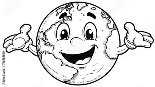 Coloring Page of Cartoon Earth Character for Kids - Educational and Fun Illustration