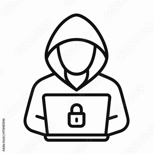 Hacker in hoodie working on laptop with security lock icon  