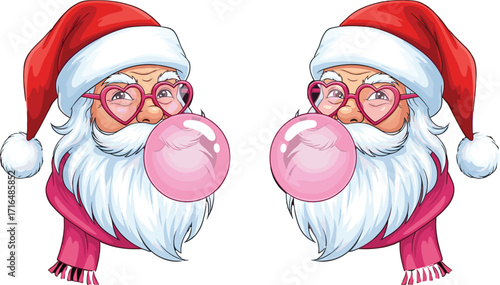Cartoon vector illustration of funny Santa Claus blowing pink bubble gum wearing heart glasses and scarf, modern Christmas holiday character design