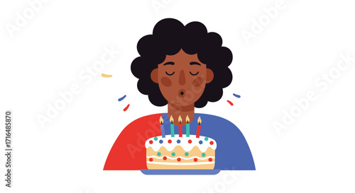 Birthday wish fulfillment, stylized person blowing candles on decorated cake