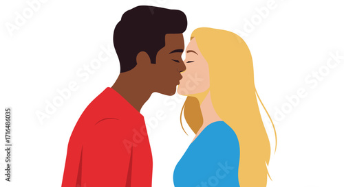 Stylized illustration of diverse couple in loving moment of affection