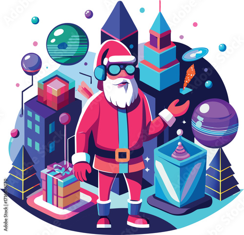 Santa wearing a VR headset, exploring a virtual Christmas world