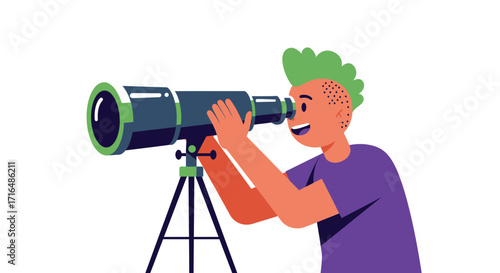 Enthusiastic stargazer with telescope observes distant cosmos with glee