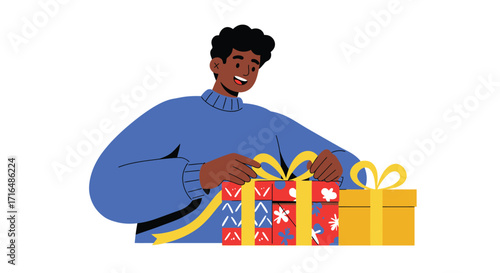 Joyful man unwrapping festive presents for holiday celebration scene
