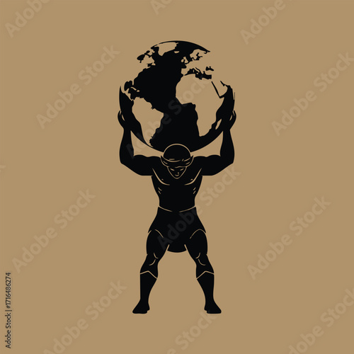 Silhouette of a muscular figure holding a large globe above shoulders symbolizing strength and burden in black and brown tones