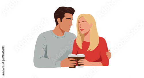 Stylized illustration of a couple enjoying coffee together in soft tones