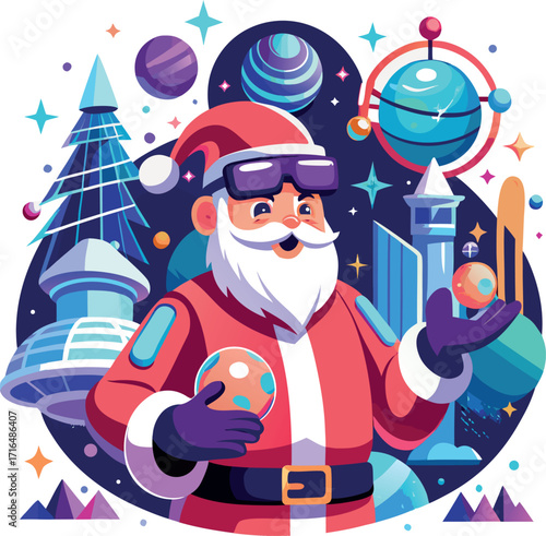 Santa wearing a VR headset, exploring a virtual Christmas world