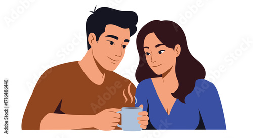 Stylized vector illustration of a loving couple enjoying coffee moment together