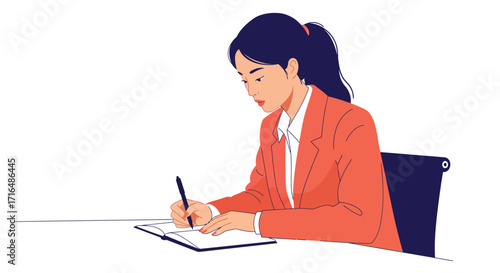 Focused professional woman diligently taking notes during business meeting