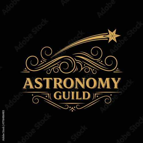 Elegant gold Astronomy Guild logo with a shooting star and ornate celestial flourishes on a black background.