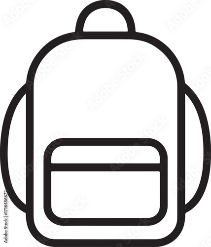 Outline icon of a backpack with a front pocket Keywords: backpack, bag, rucksack, school, travel, hiking