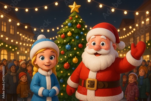 Cute santa claus and snegurochka in festive town square at night with decorated christmas tree. concept of holiday celebration, christmas magic, festive cheer
