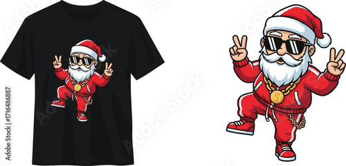 Cool cartoon Santa Claus vector illustration in urban streetwear style with sunglasses, peace sign, tracksuit, sneakers, gold chain graphic design