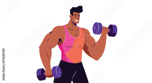 Stylized illustration of a muscular person lifting dumbbells, fitness theme