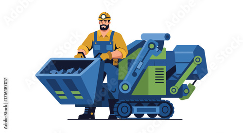 Stylized flat vector illustration of a mine worker operating machinery