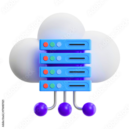Illustration of a cloud server with multiple blue server units stacked on transparent background