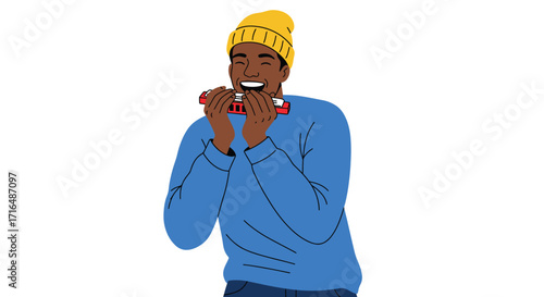 Expressive musician with harmonica in stylized flat vector illustration