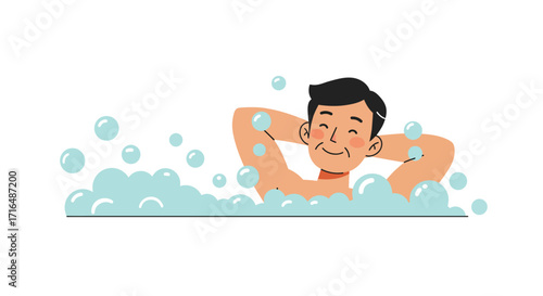 Cartoon man relaxing in bubble bath, flat vector illustration scene