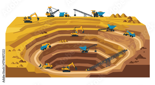 Vibrant open pit mine illustration with heavy machinery in operation