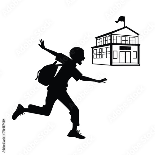 Silhouette of a schoolboy sprinting towards school, late for class with a backpack, urgency, education concept
