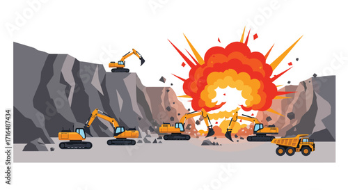 Stylized vibrant vector illustration of a blasting operation at a quarry site