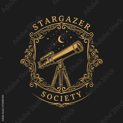 Elegant logo design featuring a telescope, crescent moon, and stars within a decorative frame, representing the Stargazer Society.