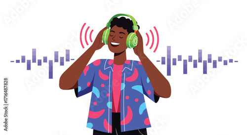 Vibrant person wearing headphones, immersed in music, on a pristine white canvas