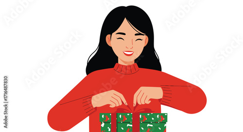 Excited young woman unwrapping christmas presents with a happy expression