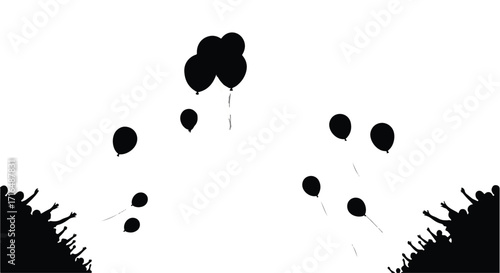 Black balloons ascend into a bright sky, symbolizing hope and freedom.