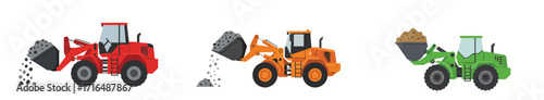 Colorful wheel loaders transporting gravel vector illustration isolated
