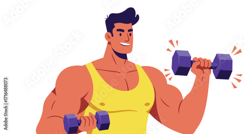Stylized vector illustration of a muscular man lifting dumbbells in the gym