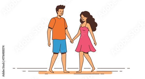 Stylized vector illustration of a couple walking together on a sandy beach