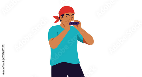 Vibrant street performer passionately playing the harmonica in vector art