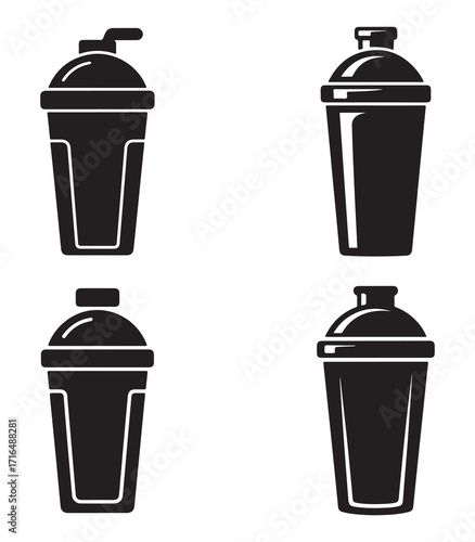 Collection of protein shake cups and accessories silhouette isolated on white background