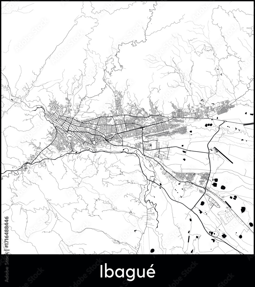 Obraz premium Ibague city map, Colombia - Topographic vector map poster
