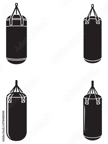 Collection of punching bag icons and graphics for fitness and sports isolated on white background silhouette