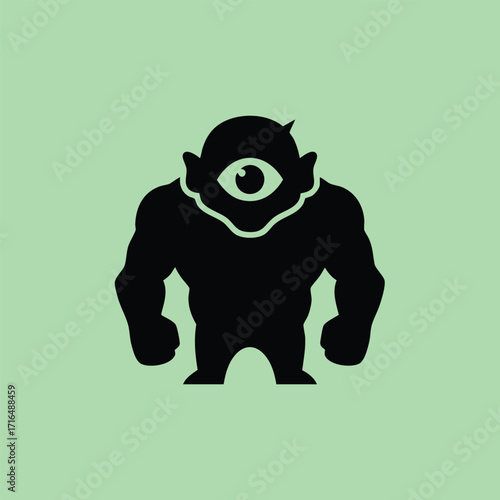 Silhouette of a muscular one-eyed monster figure with strong arms and a horn on a green background
