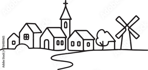 Stylized line drawing of a village with a church and windmill Keywords: village, town, rural, countryside