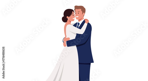 Stylized flat vector illustration of a vibrant, newlywed couple embracing