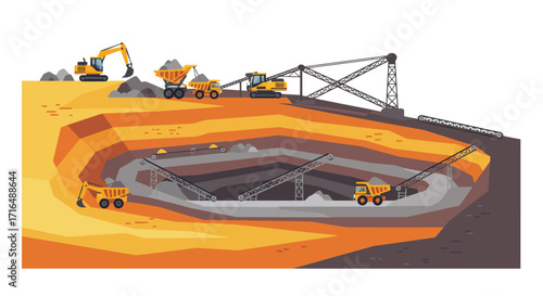 Stylized flat vector illustration of an open-pit mine operation scene