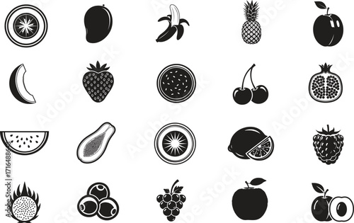 Black and White Assorted Fruit Icons on White Background collection food