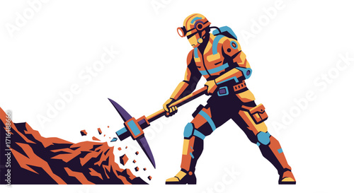 Vibrant vector illustration of a miner digging terrain with a pickaxe